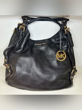 Michael Kors Black Pebbled Leather Shoulder Bag with Gold Accents